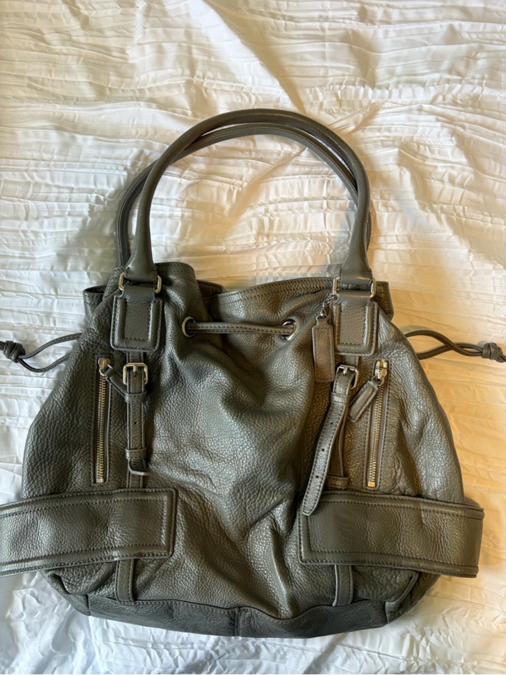 Cole Haan Olive Green Pebbled Leather Shoulder Bag with Dual Handles
